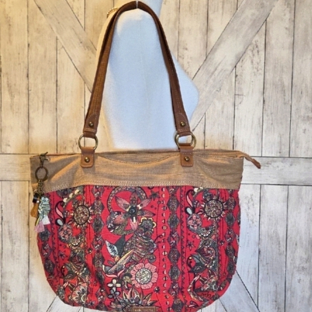 Sakroots Red and Tan Floral Tote Bag